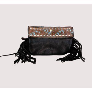 Leather Fringe Wallet Small Clutch Purse Western Black Brown Blue Snap